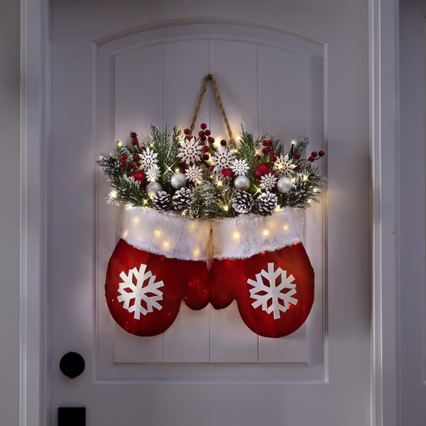🌲🎅Twinkling Christmas Mitten Wreath with LED Lights⏰8H Auto Timer
