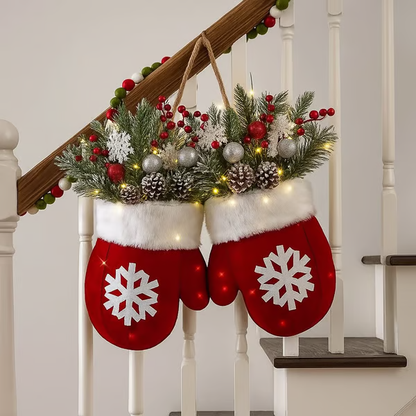 🌲🎅Twinkling Christmas Mitten Wreath with LED Lights⏰8H Auto Timer