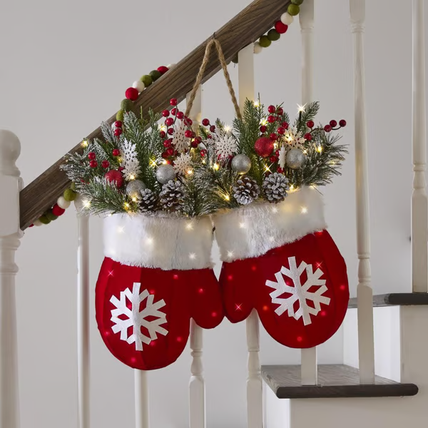 🌲🎅Twinkling Christmas Mitten Wreath with LED Lights⏰8H Auto Timer