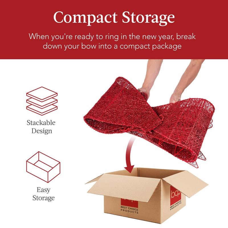 🎀Cheeroll®-Best Choice Products Pre-Lit Christmas Bow, Large Outdoor LED Lighted Holiday Décor w/ 8 Light Functions, Hook