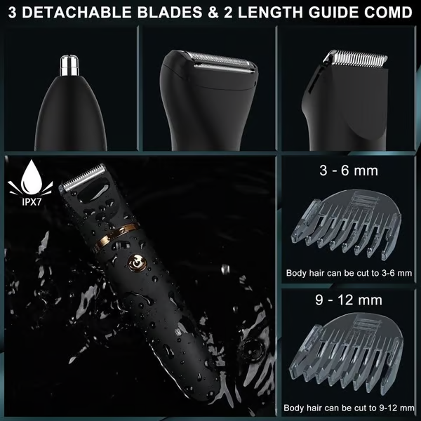 💥 3 in 1 Electric Body Hair Trimmer for Men，Cordless Groin Hair Clipper for Men, Waterproof Electric Shaver