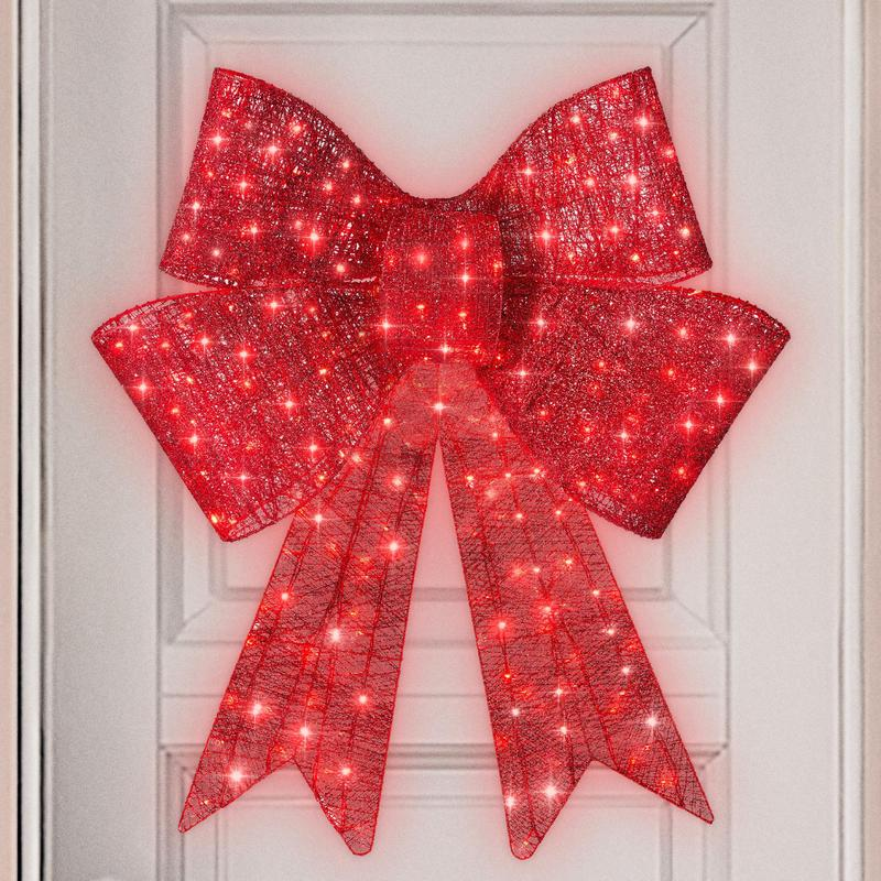 🎀Cheeroll®-Best Choice Products Pre-Lit Christmas Bow, Large Outdoor LED Lighted Holiday Décor w/ 8 Light Functions, Hook