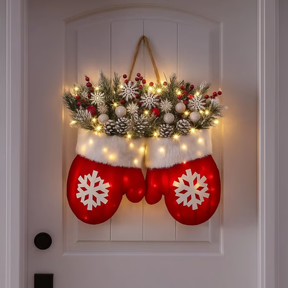 🌲🎅Twinkling Christmas Mitten Wreath with LED Lights⏰8H Auto Timer