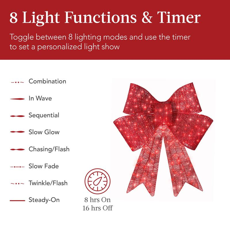 🎀Cheeroll®-Best Choice Products Pre-Lit Christmas Bow, Large Outdoor LED Lighted Holiday Décor w/ 8 Light Functions, Hook